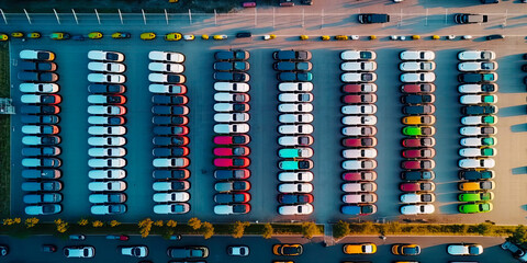 Aerial view of a massive parking lot near a city - Generative AI