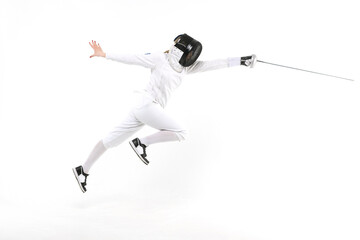 Female fencer practicing with a sword on a white background