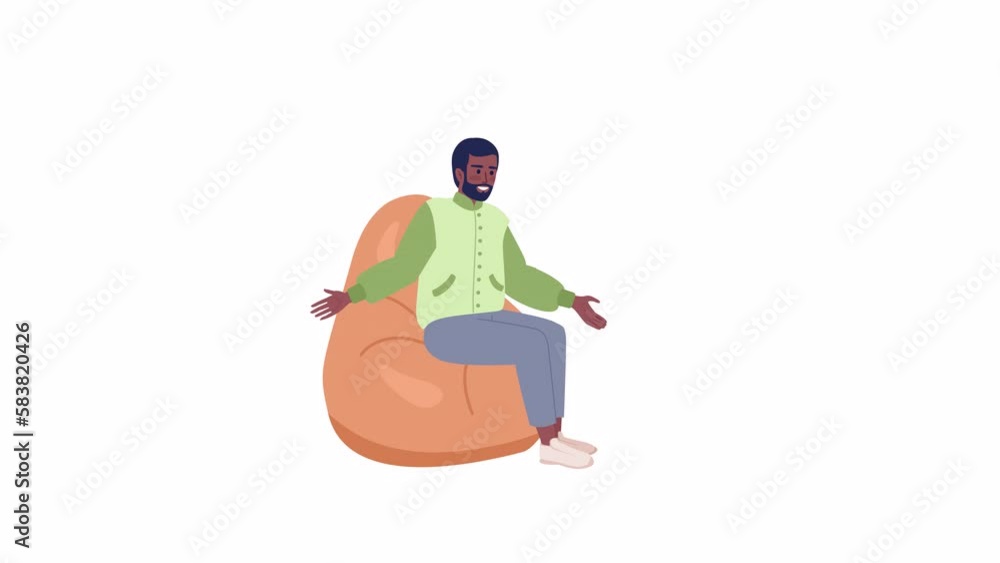 Poster animated talking man on bean bag. guy supporting conversation. casual chat. flat character animation