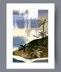Landscape island tropical resort wall art print. Contemporary decorative background with resort. Printable minimal abstract island poster. Wall artwork for interior design.