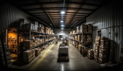 Aerial panoramic view of a warehouse with a large yard for parking and storage
