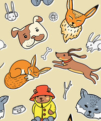 Color pattern with cute pets. Vector. Hares, dogs, foxes, cats. Color background for fabric, holiday wrapping paper and school accessories.