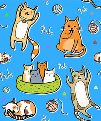 Color pattern with cute pets. Vector. Hares, dogs, foxes, cats. Color background for fabric, holiday wrapping paper and school accessories.