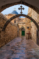 The 9th station of the cross in Via Dolorosa at the entree to the Coptic Orthodox Patriarchate