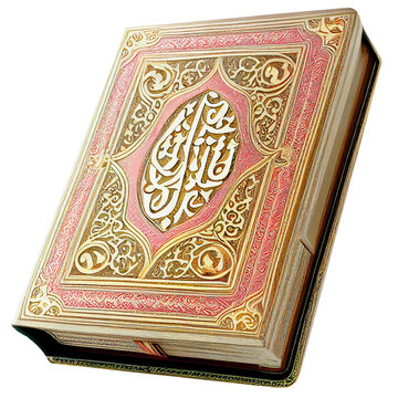 Holy Quran in gold yellow cover on transparent isolated background.  Generative AI.
