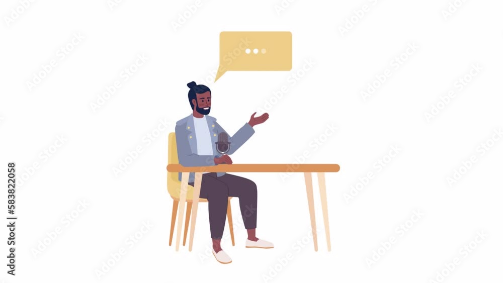 Poster animated podcast guest with mic. famous actor at table on live stream show. flat character animation