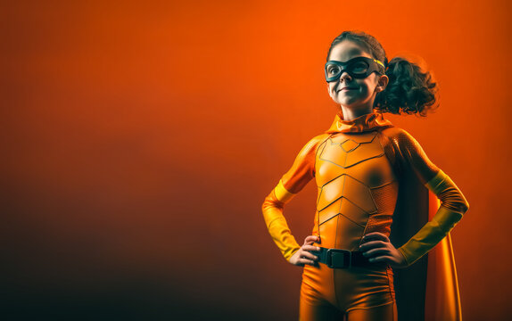 Junges M&auml;dchen verkleidet als Superheldin - Thema Karriere, Mut oder Entdecken - Generative AI Illustration
