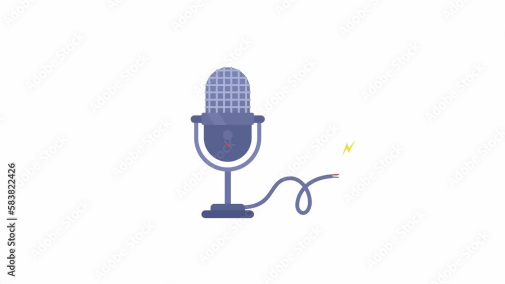 Poster animated wired microphone. mic equipment with cable. professional tool. flat cartoon style icon 4k v