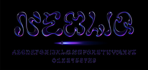 Holographic 3D liquid style font with a retro-futuristic Y2K design featuring neon glow. Vector alphabet letters and numbers for trendy graphics, ads, and digital art