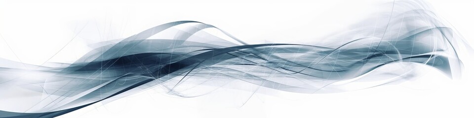 Panoramic image of abstract patterns, sound waves, network, financial, internet, nodes connecting, a white background.