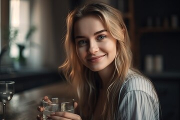 A young woman holds a glass of water in her kitchen. Ai generated.