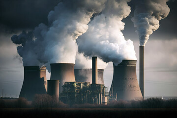 hot water vapor is evacuated by the huge chimneys of a thermal power plant. Ai generated.