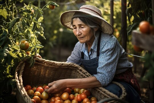 elderly woman farming picks tomatoes from her sustainable garden. Ai generated.