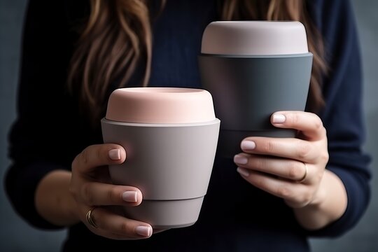 Cups for hot drinks such as coffee or tea, made of recyclable material. Ai generated.