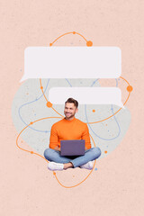 Vertical collage picture of cheerful mini guy use netbook chatting empty space dialogue bubble...