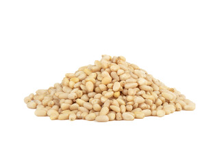 Pile of shelled pine nuts on a white background.