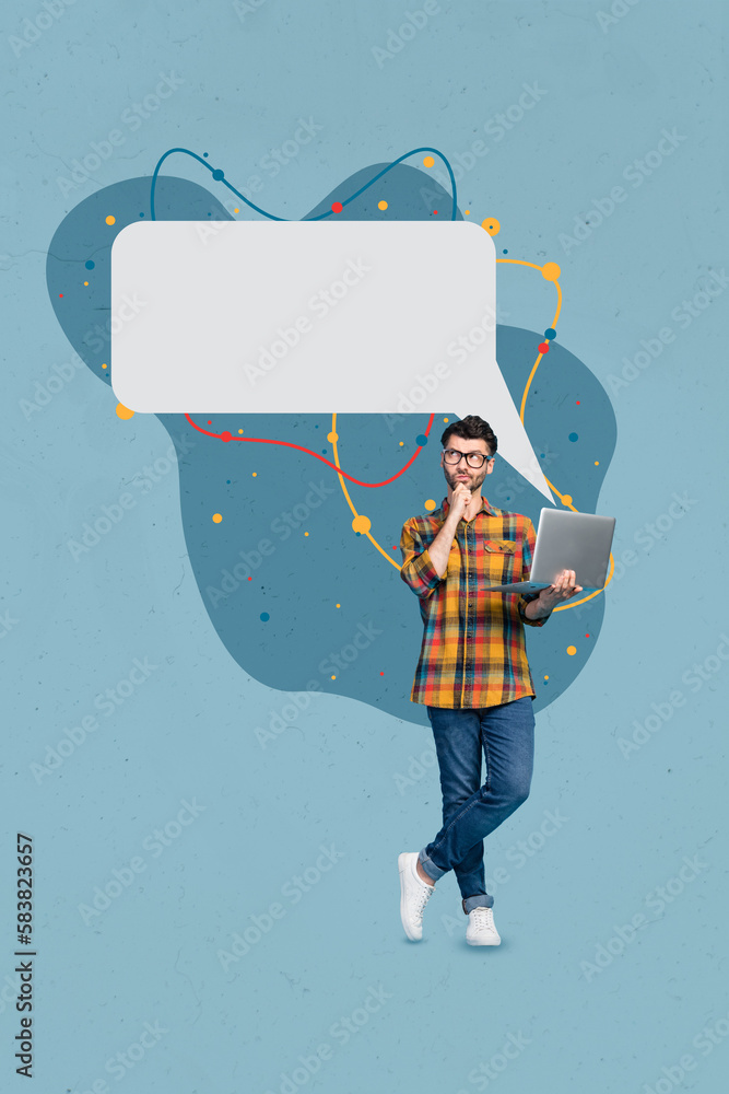 Poster Vertical collage portrait of minded mini guy use netbook look curious empty space dialogue bubble isolated on drawing background