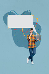 Vertical collage portrait of minded mini guy use netbook look curious empty space dialogue bubble...