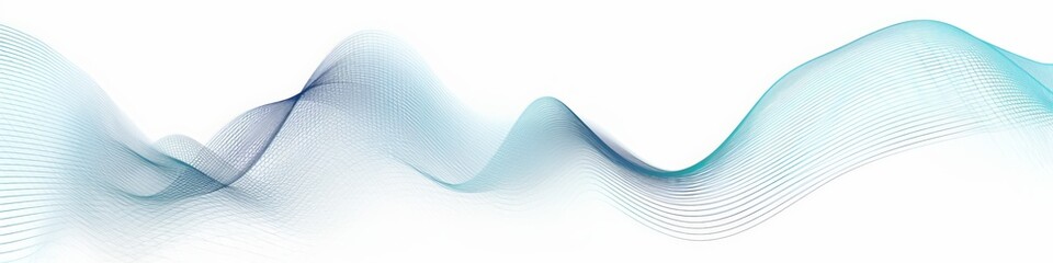 Panoramic image of abstract patterns, sound waves, network, financial, internet, nodes connecting, a white background.