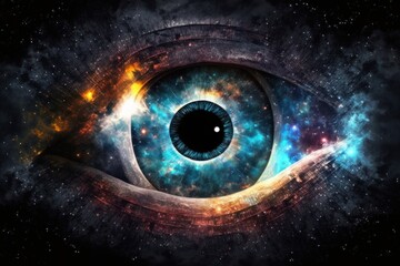 Human eye. Image of starry background with galaxies. Beautiful illustration picture. Generative AI