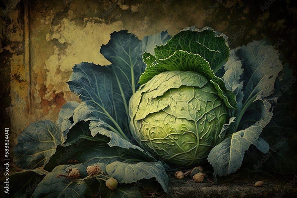 Poster rustic agricultural setting with cabbage. generative ai