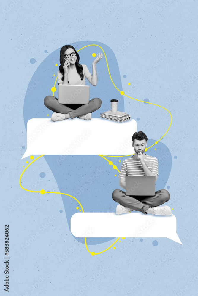 Aufkleber Vertical collage image of two mini black white effect people use netbook speak telephone communicate empty space dialogue bubble