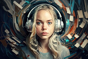 Fototapeta na wymiar Woman in headphones listening music. Beautiful illustration picture. Generative AI