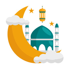 Crescent Moon with Start and Mosque Illustration