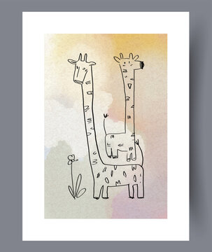 Animal giraffes drawn couple wall art print. Wall artwork for interior design. Printable minimal abstract giraffes poster. Contemporary decorative background with couple.