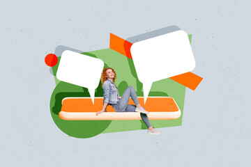 Creative collage portrait of cheerful mini girl sitting huge smart phone screen empty space...