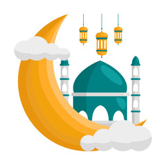 Crescent Moon with Start and Mosque Illustration