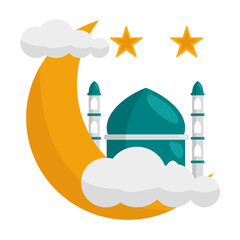 Crescent Moon with Start and Mosque Illustration