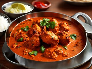 Fototapeta premium a plate of food with rice and meatballs indian curry chiken tikka mashala roti Generative AI 
