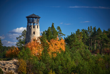 View of the stone lookout tower in the quarry located in Józefów in Roztocze