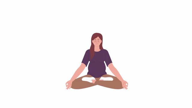 Animated pregnant lady in lotus pose. Relaxed expectant woman practicing breathing. Flat character animation on white background with alpha channel transparency. Color cartoon style 4K video footage
