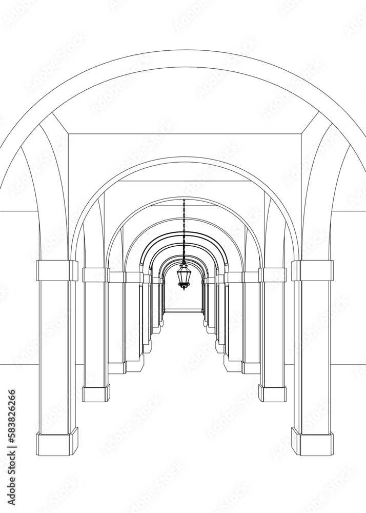 Poster outline of an ancient corridor with columns made of black lines isolated on a white background. vect