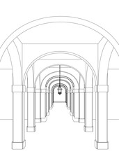 Outline of an ancient corridor with columns made of black lines isolated on a white background. Vector illustration.