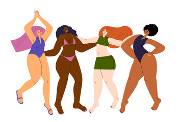Different Women with different figures,shapes,plus-size curvy fat bodies.Plump chubby ladies.Happy pretty chunky girls standing in beach swimsuits.Flat vector illustration isolated on white background - obrazy, fototapety, plakaty
