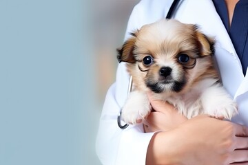 A small puppy in the hands of a veterinarian. Generative AI
