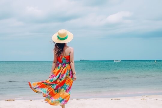 rear view of woman walking on the beach, generative ai