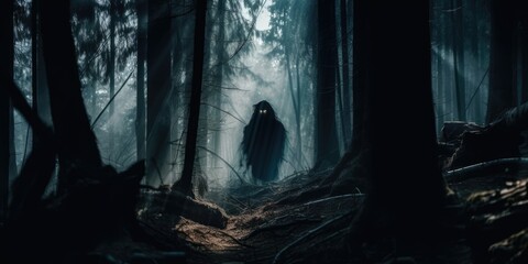 Ghostly silhouette of a faceless shadow figure entity, paranormal haunting woodlands apparition wearing dark tattered and torn robe, evil spirit of the forest, motion blurred - generative AI