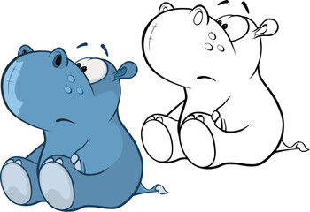Vector Illustration of a Cute Cartoon Character Hippo for you Design and Computer Game. Coloring Book Outline Set