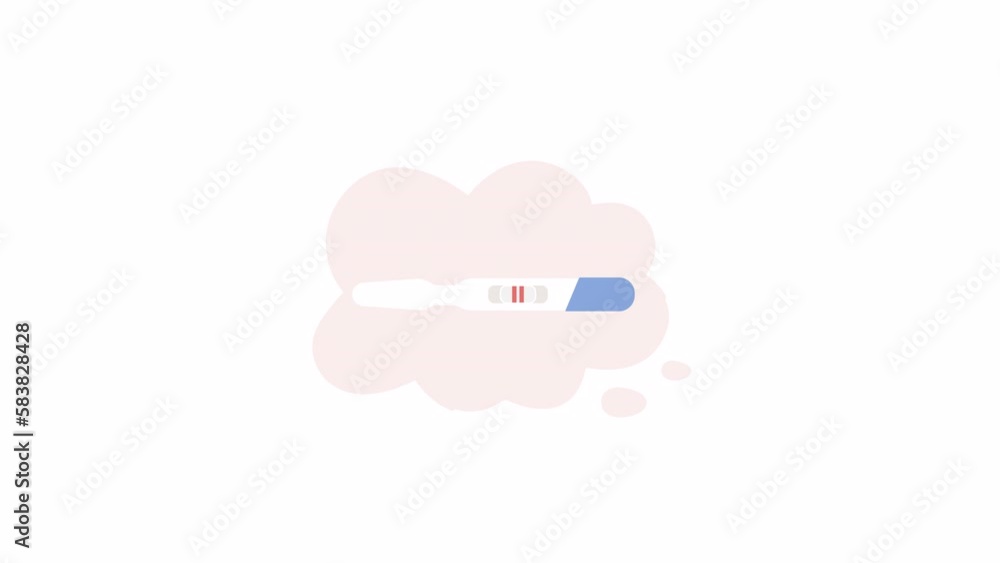 Poster Animated two lines pregnancy test. Thought bubble with testing device. Flat cartoon style icon 4K video footage. Color isolated object animation on white background with alpha channel transparency