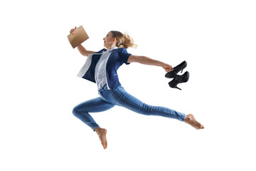 Happy office woman workers jumping in casual clothes or suit with folders isolated PNG background.