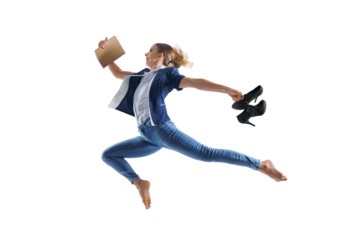 Happy office woman workers jumping in casual clothes or suit with folders isolated PNG background.
