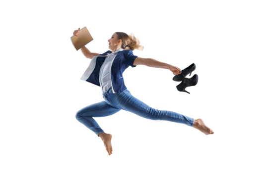 Happy office woman workers jumping in casual clothes or suit with folders isolated PNG background. - Powered by Adobe