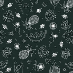 Summer Seamless Outlined Pattern With Fruits, Tropical Leaves and Flowers for Print, Textile, Fabric, Banner Poster and backgrounds