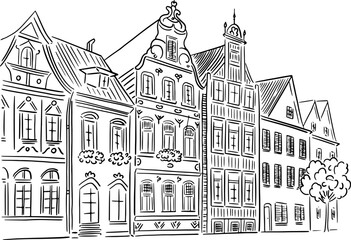 Fototapeta premium An old building drawn in perspective. Linear illustration.
