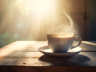 morning coffee moment, hot steaming cup on rustic wooden table in soft sunlight, generative AI
