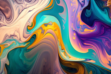 Liquid abstract marble painting background print with a purple yellow blue colored texture